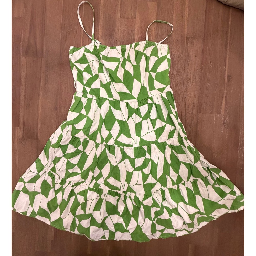 Sim & Sam Green White Geometric Tiered 100% Cotton Sundress Smocked Back